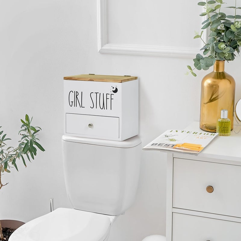 Ukonvi Tampon Holder for Bathroom Decor and Storage  Wood Feminine Product Organizer with Drawer and Lid  Pad and Tampon Organizer Bathroom Accessories Box for Tampon Storage  White Cotton Ball/Swab Holder - Image 2